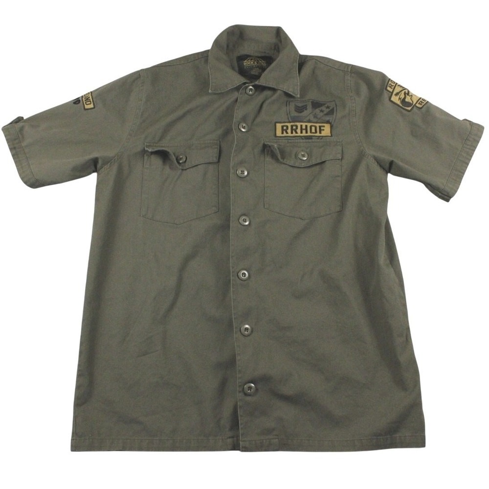 Rock & Roll Hall of Fame Shirt Mens L Green Military Button Up Graphic Patches